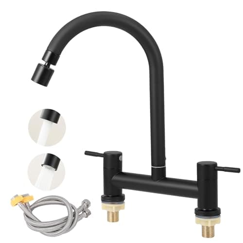 Image of Kitchen Sink Mixer Tap, 2 Hole Bridge Mixer Taps with 2 Function Aerator, 180mm Centers Deck Mounted Faucet, Hot and Cold Dual Lever Kitchen Taps, 1/4 Turn, 360° Swivel Spout