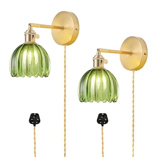 Image of NETHCUEL Plug in Wall Sconces Set of 2, Vintage Wall Lights with Tulip Green Glass Lampshade, 180° Adjustable Wall Light with Switch and Plug in Wall Lamp Cord, Light Bulb Not Included