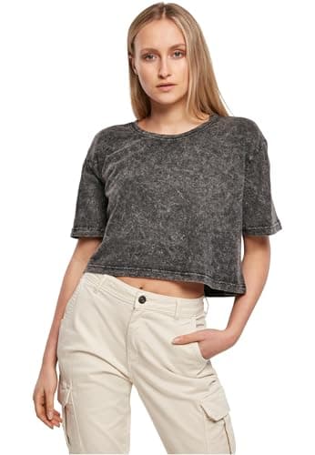 Image of Build Your Brand Ladies Acid Washed Cropped Tee, Women’s T-Shirt, Darkgrey White, M - BY054-01259-0046