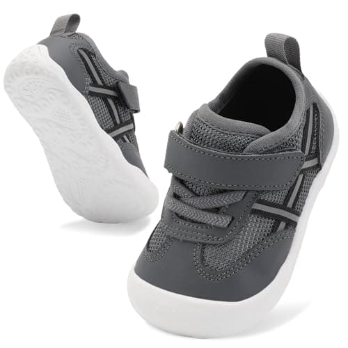 Image of JIASUQI Infant Barefoot Shoes Girls Boys Baby Non-Slip First Walking Shoe Newborn Crib Lightweight Sneakers Wide Baby Indoor Outdoor Shoes(Darkgrey 128,12-18 Months)
