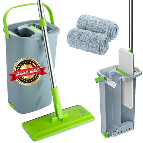 Image of Mop and Bucket Set - Easy Gleam Floor Flat Mop with 2-Chamber Bucket - Microfibre Pads and Stainless Steel Handle - Compact and Lightweight for Efficient Cleaning - Green