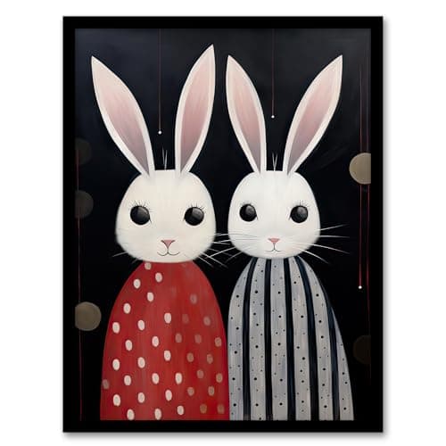 Image of Artery8 White Bunny Rabbits in Dresses Oil Painting Red Black Polka Dot Stripes Kids Bedroom Artwork Artwork Framed Wall Art Print A4