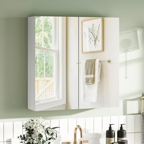 Image of BELIWIN Wall-Mounted Mirror Cabinet White, 2-Door Mirrored Storage Cupboard, Adjustable Height Shelves Storage Unit (60 x 60 x 15 cm)