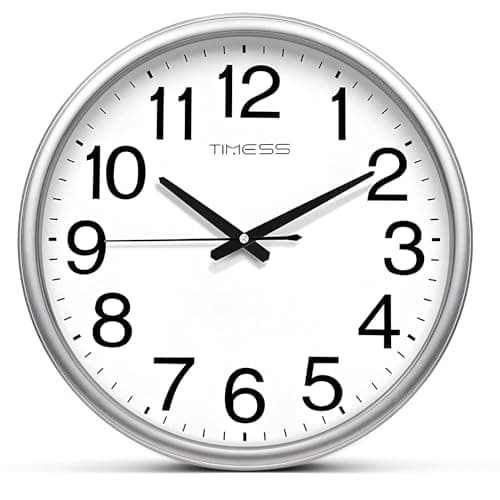Image of TIMESS Wall Clock, 16 Inch Large Dial Non-Ticking Silent Battery Operated Quality Analog, Ultra-Quiet Movement Quartz, Timeless Stylish Clock, Ideal Modern Home, Office Décor (Sliver)