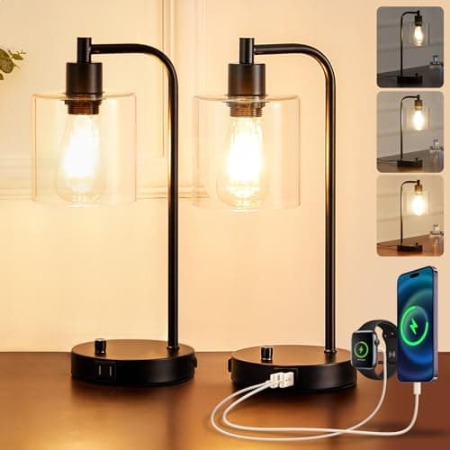 Image of Homelist Dimmable Bedside Lamps Set of 2, Industrial Retro with USB Charging Ports, Black Modern LED Nightstand Desk Beside Table Lamp, Glass Shade for Bedroom Living Room Home Office, Bulb Included