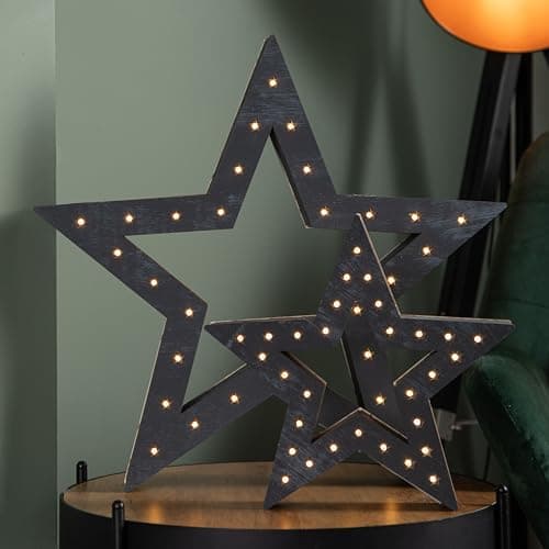 Image of Set of 2 Battery Operated Light up Wooden Christmas Stars with 60 Warm White LEDs