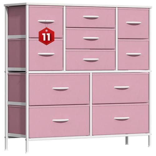 Image of GoaHi Chest of Drawers, Large Dressers with Metal Frame and MDF Wooden Top Board, Adjustable Feet, Anti-Tip Safety, Storage Unit with 11 Drawers for Bedroom, Living Room, Closet, Office Pink