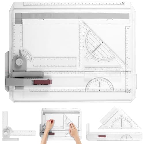 Image of eSynic A4 Drawing Board Set A4 Multifunction Drafting Table Adjustable Measuring System Angle Parallel Motion Drawing Board with Protractor, Paper Locator, Sliding Ruler, Anti Slip Support Leg