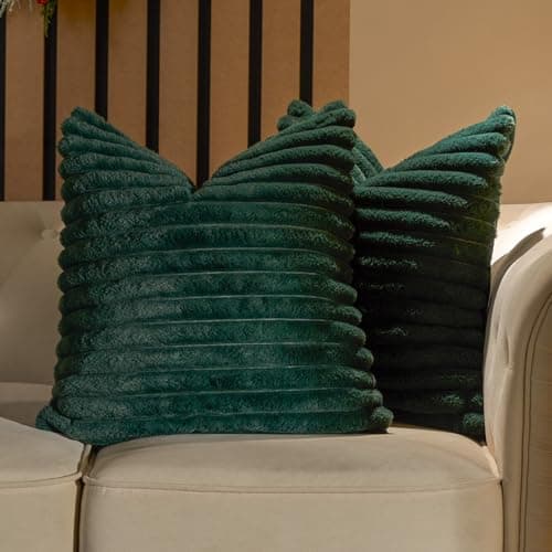 Image of OHS Faux Fur Ribbed Green Cushions Covers, Super Soft Lounger Cushion Covers for Sofa Bedroom Living Room Comfy Decorative Throw Pillows for Cushion Inners, Pack of 2 - Green