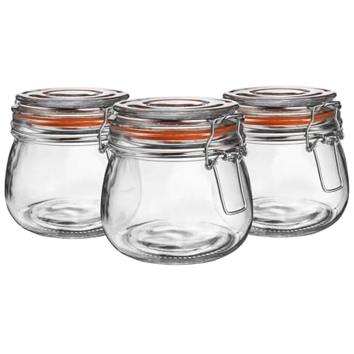 Image of Argon Tableware Glass Jars with Airtight Metal Clip Lid - 500ml/17.6oz - 3 Pack - 4 Colour Seals - Medium Kitchen Storage Container Round Preserving Jar for Pickling, Chutney, Jam, Coffee