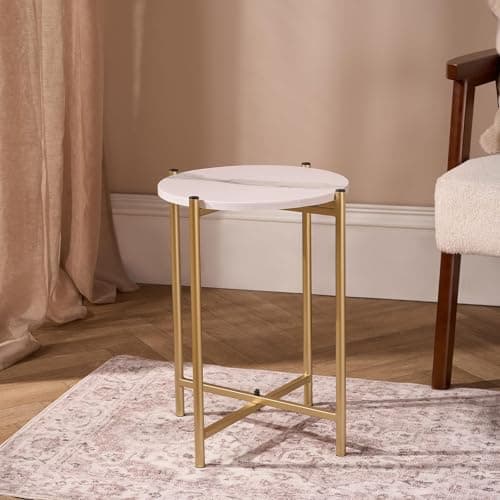 Image of OHS Side Table Living Room, White Mable Top Round Coffee Table with Gold Sturdy Metal Frame Decorative Small Table Nightstand Bedside Tables for Bedroom Living Room Home Office