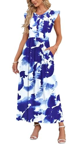 Image of AUSELILY Women's Elegant Ruffle Petal Sleeve Summer Casual Dress With Pockets - Elastic Waist Swing Maxi Dress, Floral Blue White, S