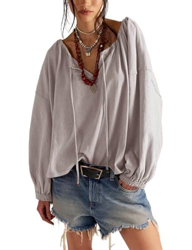 Image of Esmeling Women Tie Neck Blouse Drawstring Balloon Long Sleeves Tops Loose Casual Solid Shirts, Mocha, Large