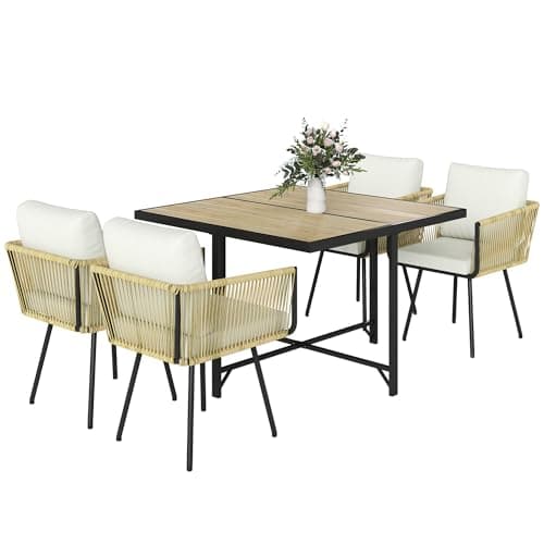 Image of Outsunny 5 Pieces Cube Rattan Garden Furniture Set, Garden Dining Set with Wood-Plastic Table and 4 Armchairs, Space-Saving Rattan Table and Chairs with Removable Cushions for Patio, Beige