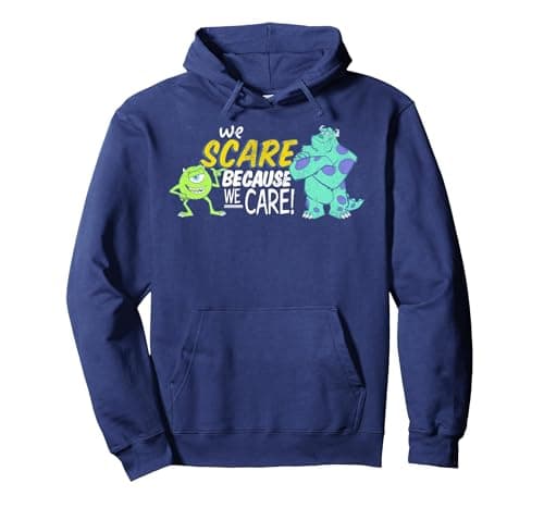 Image of Disney Pixar Monsters Inc. Mike And Sully We Care Text Pullover Hoodie, Adult Unisex, Navy Blue, Medium