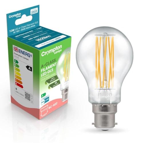 Image of Crompton Lamps LED Ultra-Efficient GLS 7.2W BC-B22d Dimmable A-Class (100W Equivalent) 3000K Warm White Clear 1521lm BC Bayonet B22 Energy Efficient Filament A-Rated Light Bulb
