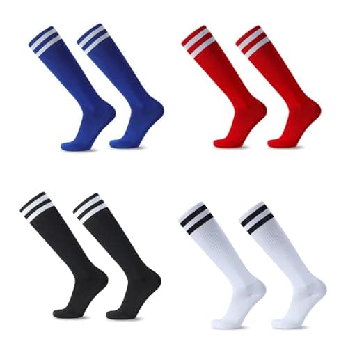 Image of HAGOT 4 Pairs Kids Football Socks, Striped Knee Children School Football Socks, Breathable Athletic Cotton Socks for Junior Running, Training, Rugby, Aged 5-12, Black+White+Blue+Red