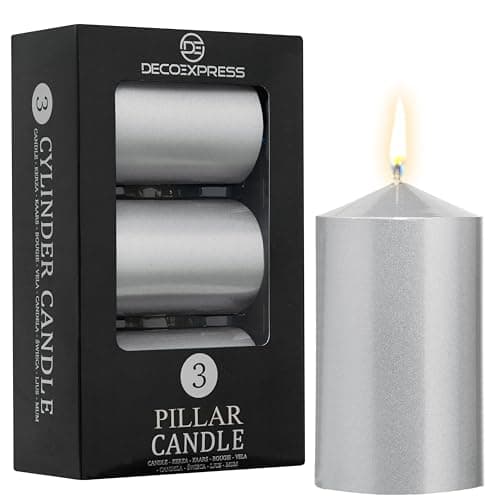 Image of DECO EXPRESS Pillar Candles Set, Pack of 3 Unscented Large Candles, Valentine’s & Mother’s Day Decor (Metallic Silver, 3 Pack)