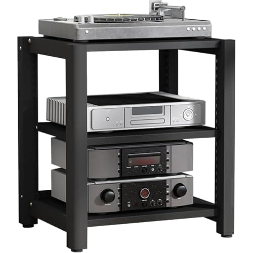 Image of Black AV Media Stand - 3-Tier Wooden Stereo Cabinet for Xbox Projector TV Accessories - Multi-Level Storage Shelf for Record Player & Gaming Console - Stylish & Functional