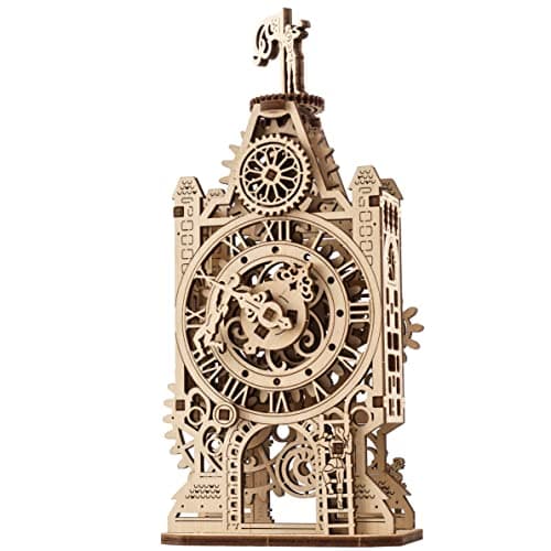 Image of Ugears 3D Wooden Puzzle Old Clock Tower – Mechanical Model Kit in Wood to Build – DIY Toy Clock Puzzle with Spinning Mechanism – Brain Teaser Building Set