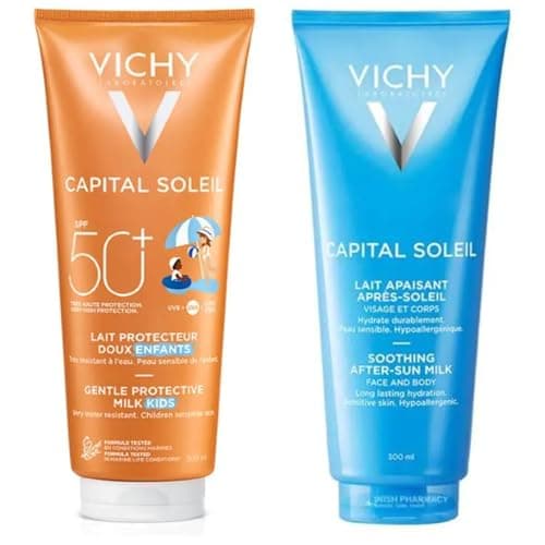 Image of Vichy Capital Soleil Kids SPF50 Sun Milk 300ml + After-Sun Soothing Milk 300ml Duo – Hydrating High Protection – Calms & Moisturises Delicate Skin