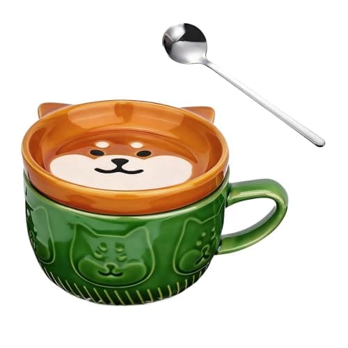 Image of KQDRAVINE Ceramic Mug with Lid and Stainless Steel Spoon, 300ML Coffee Tea Cup, Funny Dog Breakfast Cute Mug, Cup and Saucer Sets Cute Gifts for Women Men Wife Friends Christmas Birthday Valentines