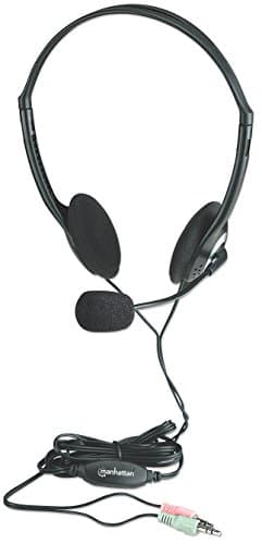 Image of Manhattan Stereo On-Ear Headset (3.5mm), Microphone Boom, In-Line Volume Control, Foam Earpads, Standard 2x 3.5mm stereo jack/plug for audio/mic use, cable 2m, Black, Three Year Warranty, Blister