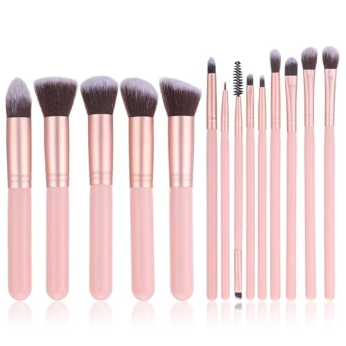 Image of 14 Pcs Pink Makeup Brushes Sets- Professional Wooden Handle with Soft Synthetic Bristles Pink Makeup Brush Set - Face and Eye Brush soft Hair Foundation, Concealer, Blush, Contour, Blending, Eyeshadow