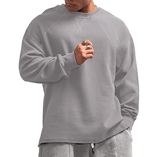Image of Men's Basic Long Sleeve Waffle Sweatshirt Loose Fit Workout Pullover Crewneck Shirt Grey XL