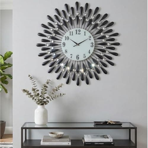 Image of Heaven4you Large Premium Diamond Jeweled Wall Clock Crystal Modern 3D Sunburst for Living Room Kitchen – Silent Sweeping –Second Hand- Ready to Hang with Hook & Instructions for Hands 60cm/23.6inch