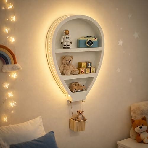 Image of Garden Mile 80cm Large Wall mounted Children's Hot Air Balloon Shelf LED Night Light Book Shelf Kids Bedroom Storage Display Unit Childrens Bedroom, Nursery Decor, Kids Shelving