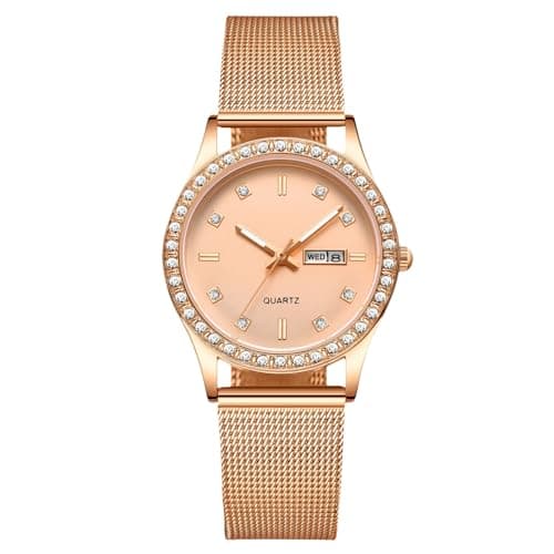 Image of RORIOS Wristwatch for Women Casual Quartz Watch Ladies Diamond Watches Luminous Analogue Wrist Watch Rose Gold Mesh Strap Watch Gold
