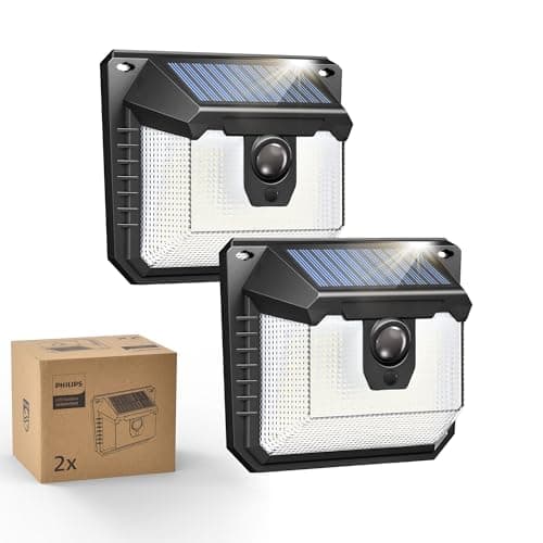 Image of Philips Outdoor Solar Lights with Motion Sensor, 120 LED Solar Security Wall Lights, 3 Lighting Modes, Waterproof Outdoor Lamp for Yard, Fence, Garden & Garage, 2 Pack