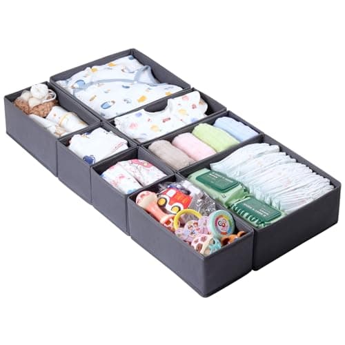 Image of ORLISA Drawer Organisers, Foldable Drawer Dividers for Clothes, Set of 8 in 3 Sizes, Fabric Wardrobe Storage Organiser, Sort and Store Clothes, Bras,Ties, Scarves, Socks, Grey