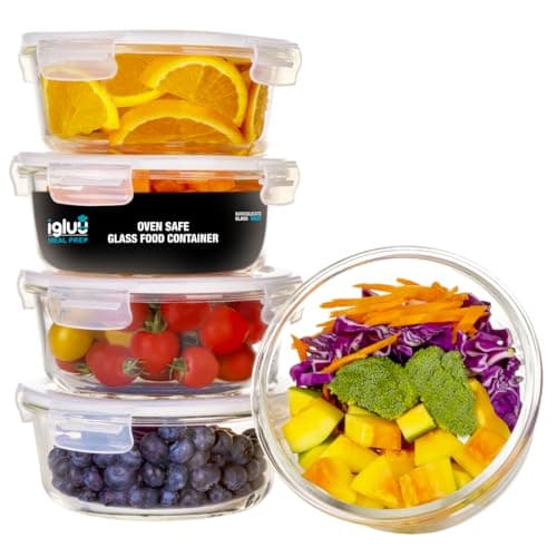 Image of Igluu Meal Prep Round Glass Containers with Air Vent Lids (5 Pack+Extra Lid) – Airtight & BPA-Free – Oven, Microwave, Freezer and Dishwasher Safe – 950ml – Durable Borosilicate Glass