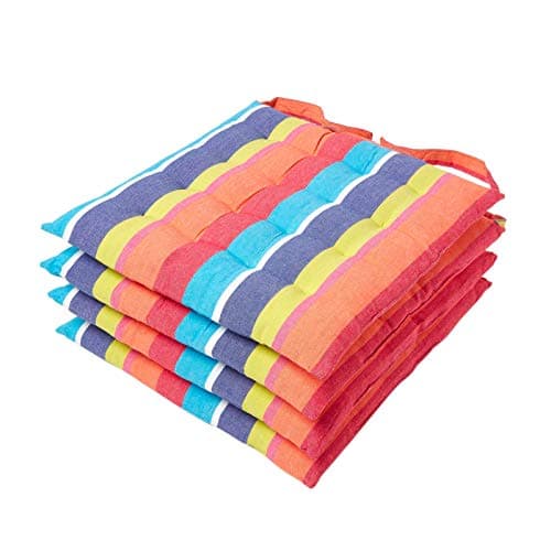 Image of HOMESCAPES Multicolour Stripe Seat Pad Cushion for Dining Chairs Set of 4 100% Cotton Chair Pad with Straps 40 x 40 cm