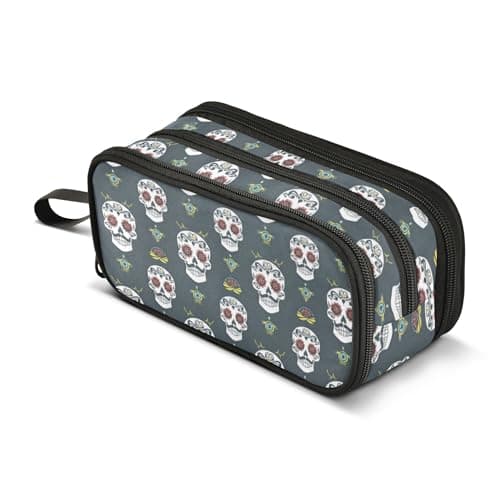 Image of ALAZA Large Pencil Case, Big Capacity Pencil Bag Pen Pouch Holder 3 Compartments,Gothic Skull School Office Supplies Stationery Makeup Bag Storage Organizer for Students Girls Boys Women Men