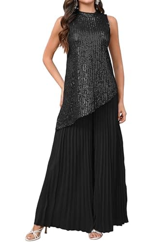 Image of VERWIN 2 Piece Outfits Sequins Top Asymmetrical Sleeveless Top Wide Leg Long Pleated Pants Lounge Set Mock Neck Shirt L Black