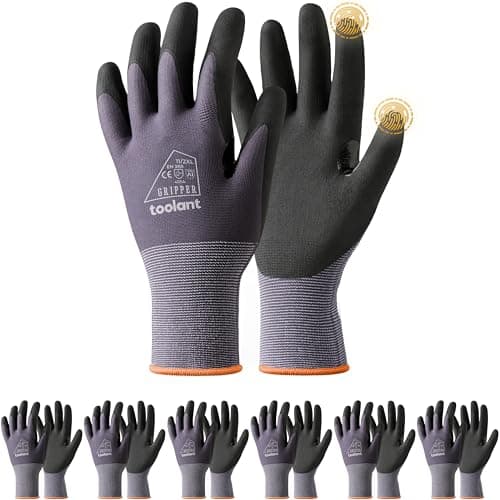 Image of toolant 6 Pairs Work Gloves MicroFoam Nitrile Coated, 15 Gauge Breathable Nylon with Grip in Wet & Oily Condition, Touchscreen,Certified Working Gloves Bulk for Gardening,Warehouse,Automotive,Gray,XXL
