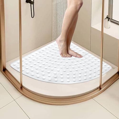Image of Stowetry Corner Shower Mat Non Slip Anti Mould, 65 x 65 cm Soft Rubber Curved Shower Mat, Large Curved Bath Mats for Inside Shower with Drain Hole Massage,Machine Washable (White)