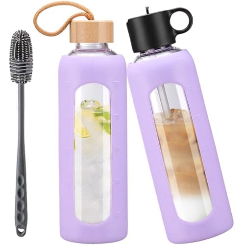 Image of HYDRAGLAZIC 750ml Glass Water Bottle With 2 Lids-Flip Straw Lid, Bamboo Lid, Glass Water Bottle With Silicone Sleeve, Motivational Time Marker, Glass Juice Bottle for Cold Drink,Purple
