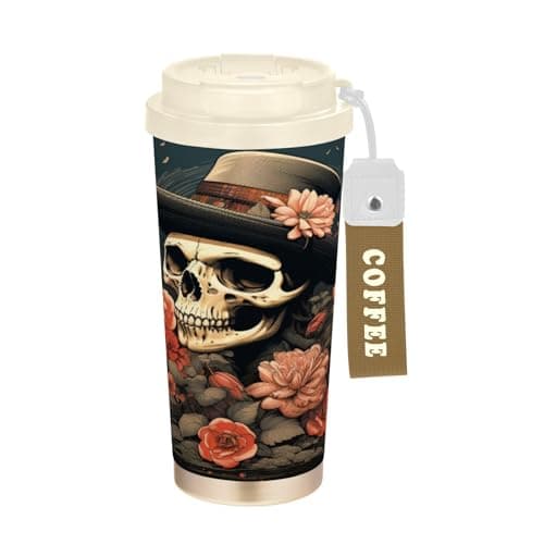 Image of LINNIKEEEE Flower Rose Skull Coffee Tumbler Stainless Steel Water Bottles Vacuum Insulated Travel Mug(500ml)