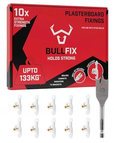 Image of Bullfix Extra Plasterboard Fixings Heavy Duty Pack - Starter 10 Pack, Drywall Anchor for Insulated Plasterboard, Stud & Hollow Cavity Wall Anchor Kit with Screws, Holds up to 133kg, 20mm Drill Bit