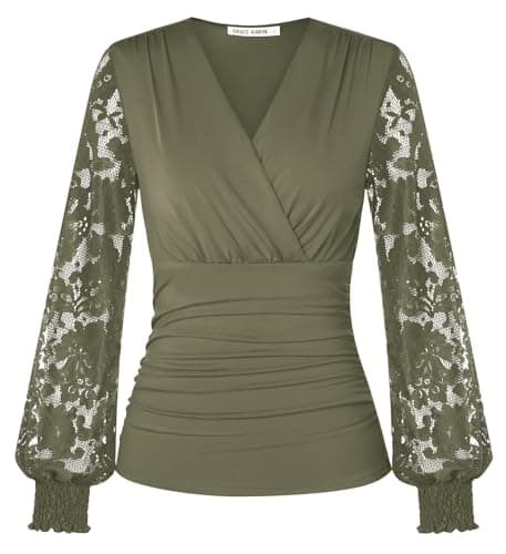 Image of GRACE KARIN Women’s Long Sleeve Tops Elegant Wrap V-Neck Ruched Tunic Blouses Casual Vintage Blouse Shirt Olive Green M