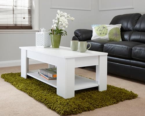 Image of GFW Lift Up Coffee Table, Hidden Storage For Living Room. Modern Wooden Lift Top Coffee Tables, Display Shelf & Storage Compartment For Media & Accessories, White, H39.5cm x W105cm x D50cm