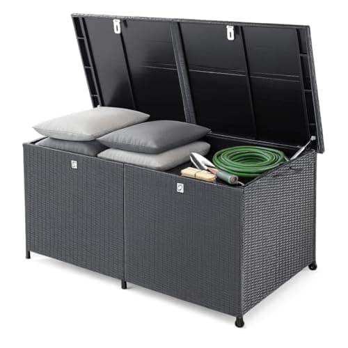 Image of CASARIA® XXL 625 Litre PolyRattan Outdoor Storage Box | Garden Storage Box | Tool Box Chest Large With Wheels | Lockable Storage | Automatic Gas Lift Lid | Trunk | Waterproof | 150x77x73cm | Black