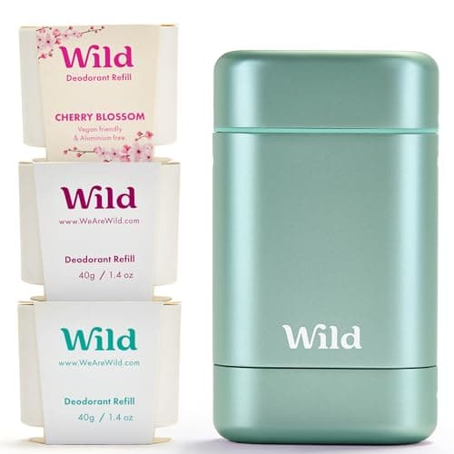 Image of Wild - Aqua Case with Refill Variety Pack (3 x 40g) - Natural Refillable Deodorant - Aluminium Free - Includes Fresh Cotton & Sea Salt, Cherry Blossom and Coconut & Vanilla Scents - Vegan