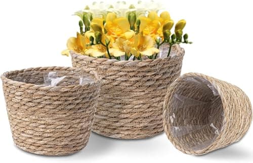 Image of Xaztr 3 Pack Seagrass Planter Basket, Flower Pots Cover Storage Basket Plant Containers, Woven Planter Baskets for Indoor Outdoor Plant and Home Decor