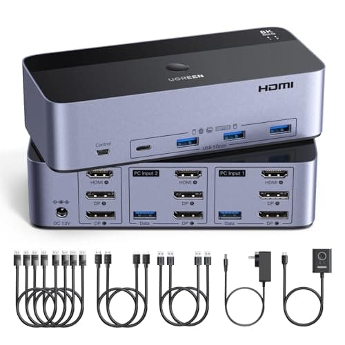 Image of UGREEN HDMI + Displayport 8K@60Hz KVM Switch 3 Monitors 2 Computers Support 4K@120Hz, 4 Port USB3.0 KVM Switches for 2 Computers Share Keyboard, Mouse, Hard Drives and 3 Monitors