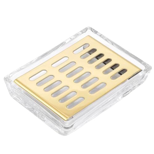 Image of Glass Soap Dish (11.3 x 8.5 x 2.4cm) Stainless Steel Soap Holder for Bathroom and Shower Double Layer Draining Soap Box (Gold tray)